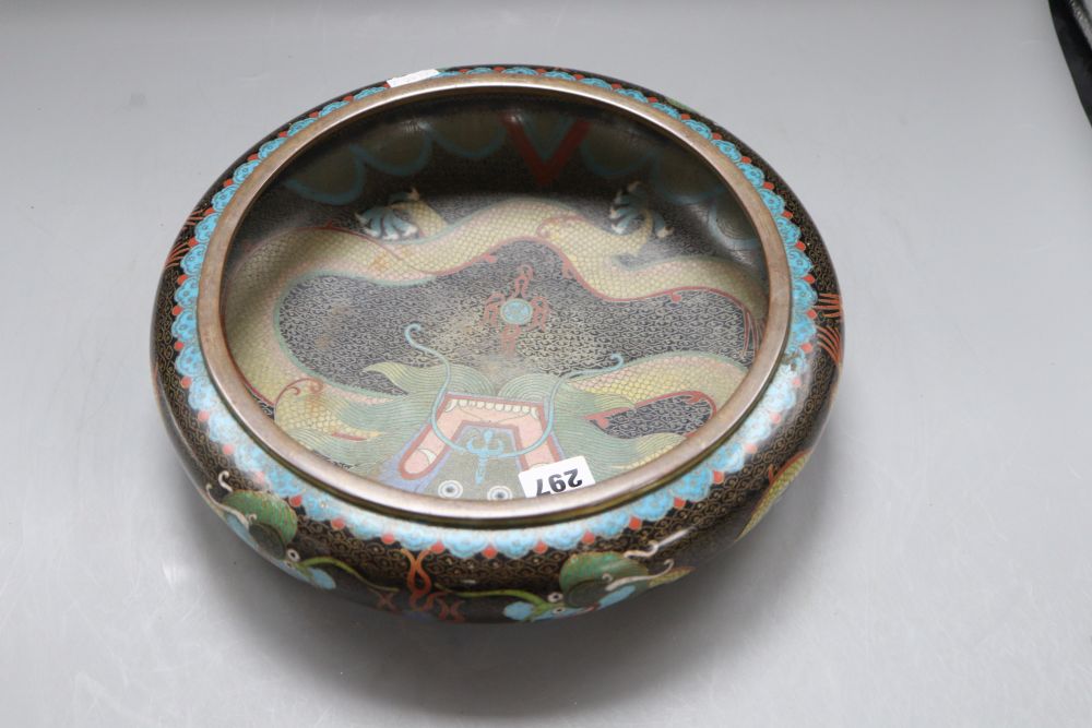A large Chinese cloisonne enamel dragon bowl, Ming mark, 1920s, diameter 27cm